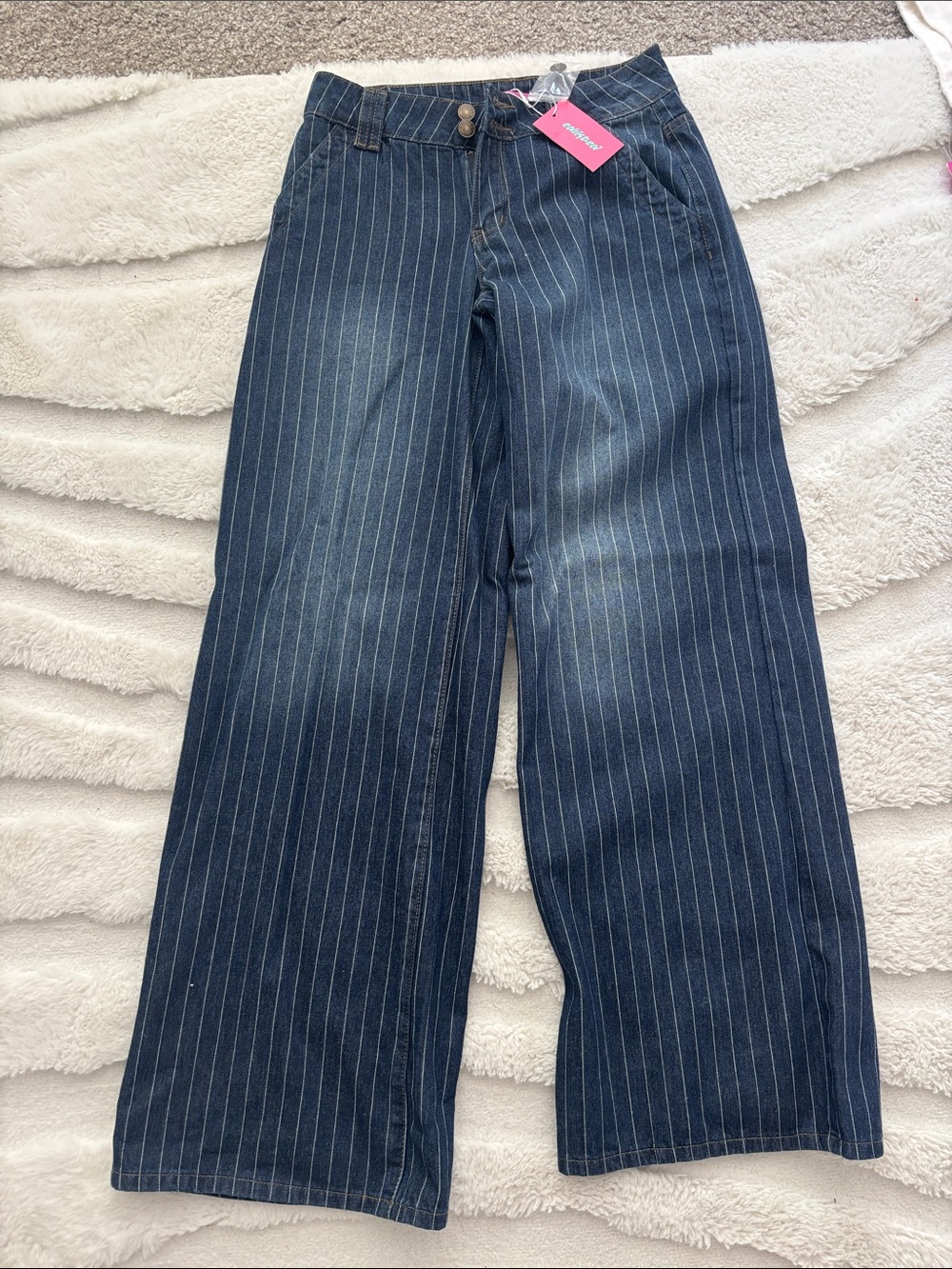 Edikted Navy Pinstripe Wide-Leg Jeans